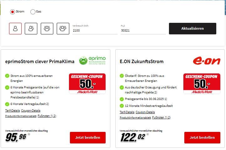 Strom-Tarifrechner von MediaMarkt