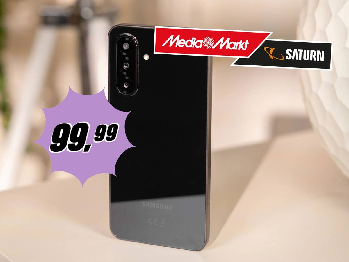 Samsung Galaxy A26 mit dem MediaMarkt-Logo und dem aktuellen 99,99 Euro Preisschild
