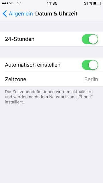 Menü "Datum & Uhrzeit" bei iOS