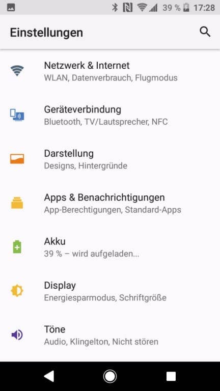 Menü und Einstellungen in der Software des Xperia XZ1 Compact