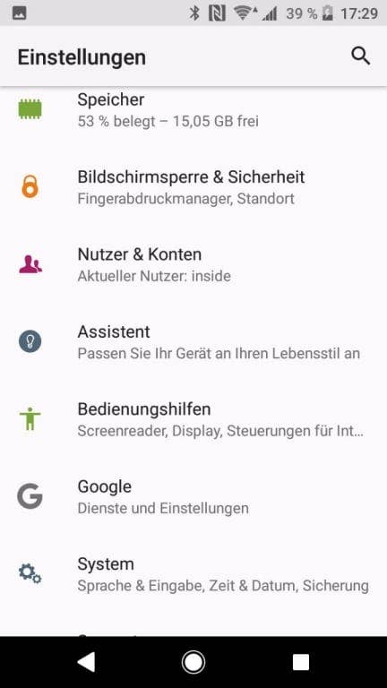 Menü und Einstellungen in der Software des Xperia XZ1 Compact