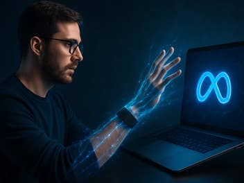 Ein Mann benutzt einen Laptop und greift nach einem leuchtenden blauen Unendlichkeitssymbol.