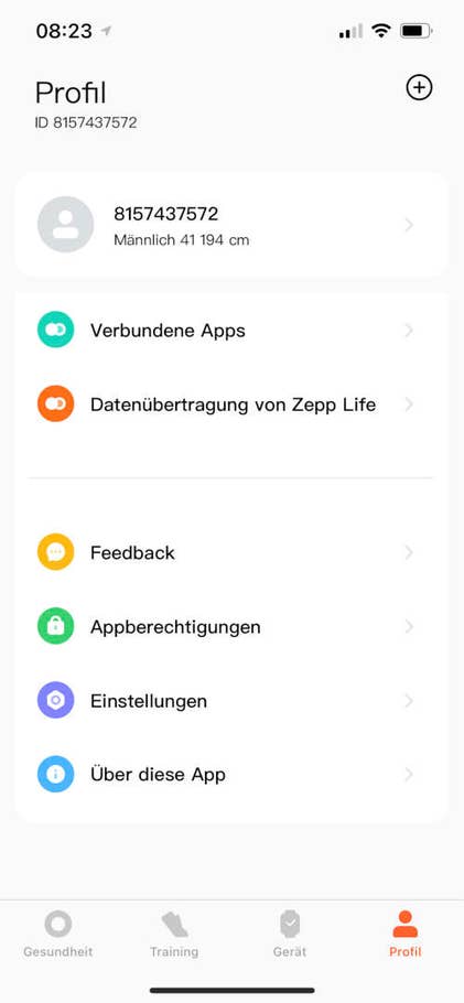 Mi Fitness App - Profil-Übersicht