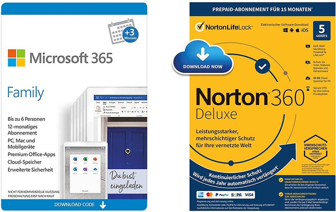 Microsoft 365 und Norton 360 Download-Code-Karten