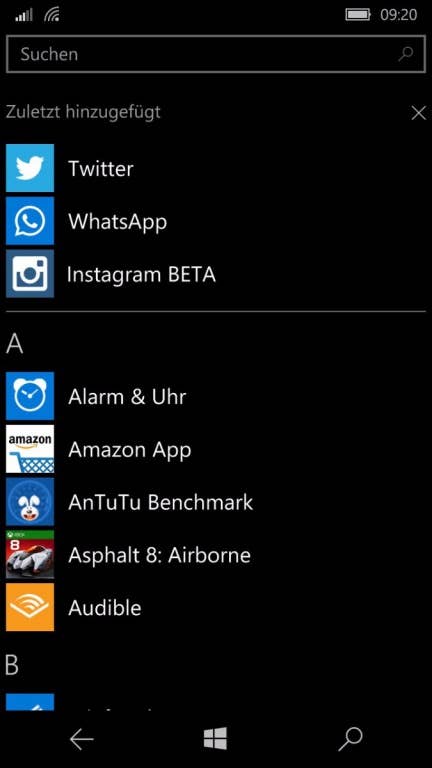 Microsoft Lumia 650 Screenshots Menü