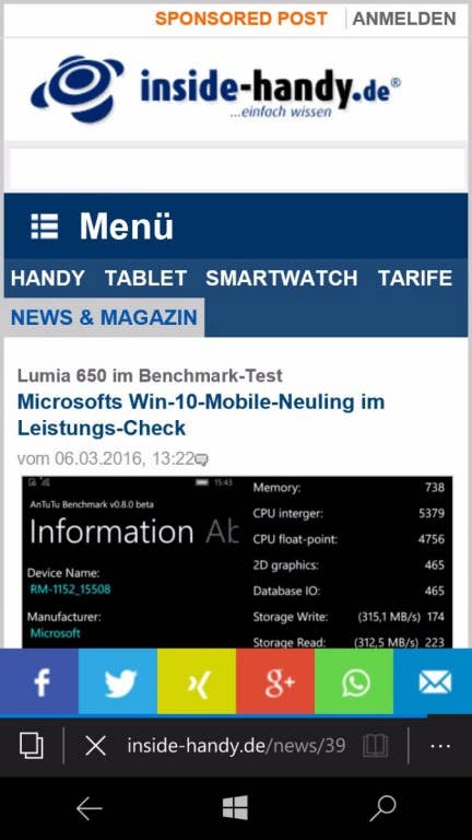 Microsoft Lumia 650 Screenshots Menü