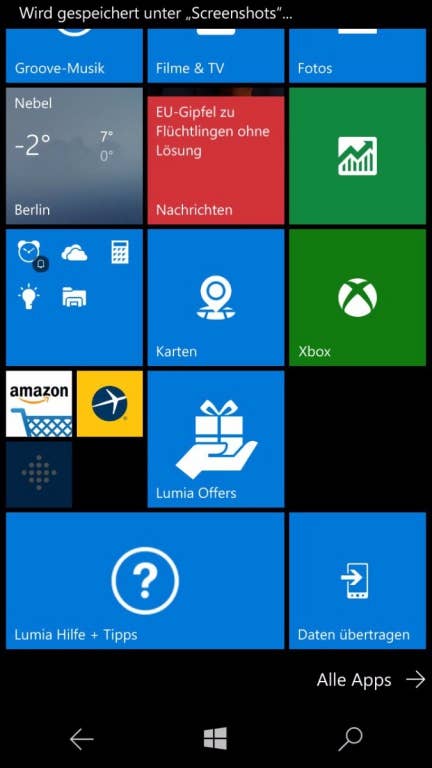 Microsoft Lumia 650 Screenshots Menü