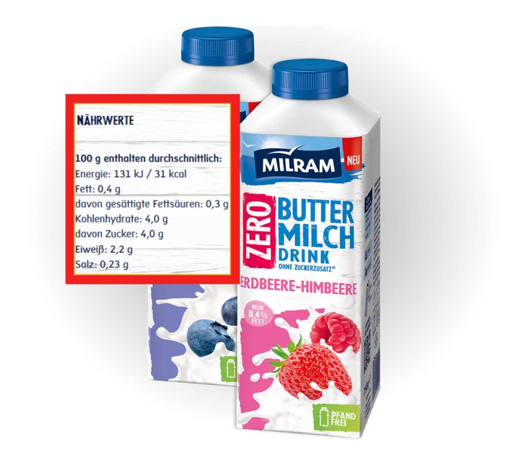 Zwei Milram Buttermilch Zero-Verpackungen und die Nährwertangaben als Screenshot in rotem Rahmen