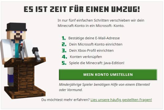 Dieses Banner weist auf den bevorstehenden Umzug deines Minecraft-Kontos hin