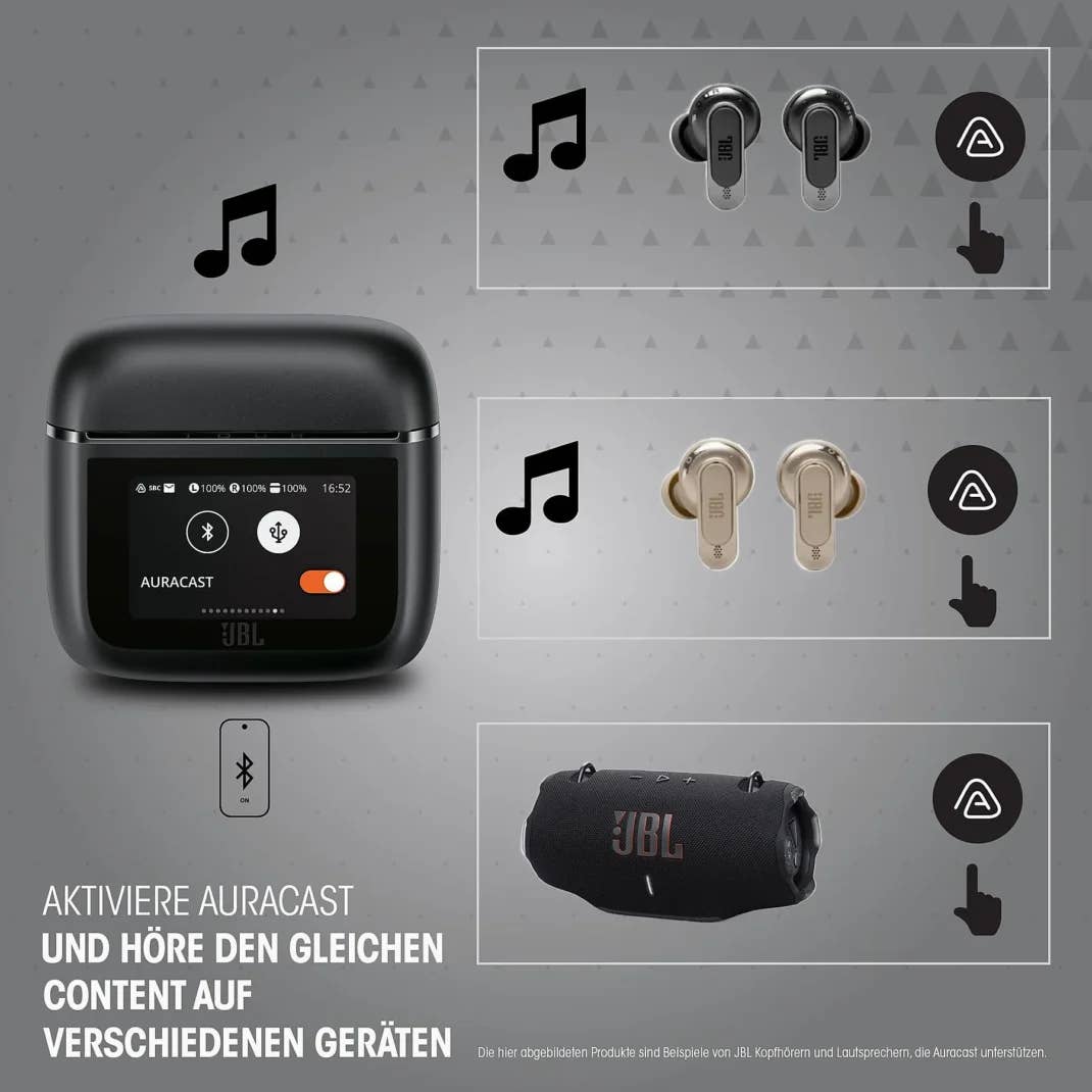 JBL Tour Pro 3 - Mit Auracast hörst du den gleichen Inhalt parallel auf mehreren Geräten