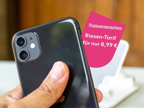 Person hält iPhone, daneben ein Störer mit dem Text: "Preisversprechen: Riesen-Tarif für nur 8,99 Euro