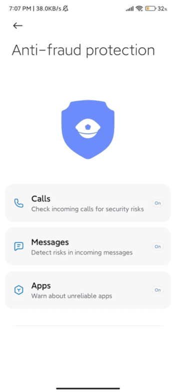 Die neue "fraud protection" in den Einstellungen von MIUI 14