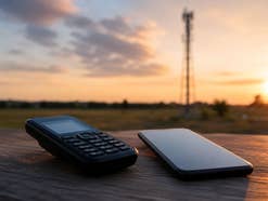 Mobiltelefone liegen auf einem Tisch vor einem Sendemast
