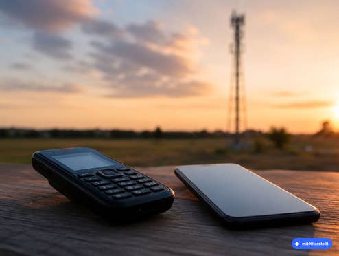 Einige Telefone haben schon bald kein Netz mehr Mobiltelefone liegen auf einem Tisch vor einem Sendemast