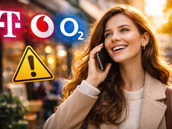 Eine Frau telefoniert mit dem Handy, Logos der drei Mobilfunker