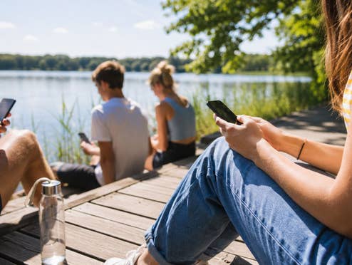 Jugendliche sitzen auf einem Steg am See und nutzen ihre Smartphones