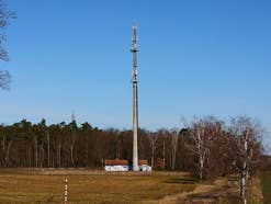 Ein Sendemast mit Mobilfunkantennen auf einer Wiese vor einem Wald