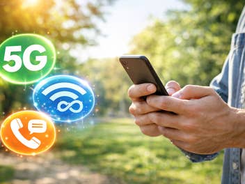 Ein Handy das genutzt wird vor einem grünen Hintergrund und verschiednen Icons