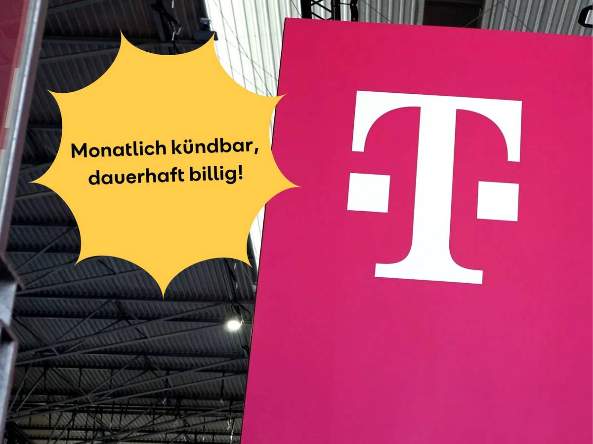 Telekom-Logo auf einem Schild, daneben der Verweis auf ein aktuelles Tarif-Angebot ohne Mindestlaufzeit und mit Preisversprechen