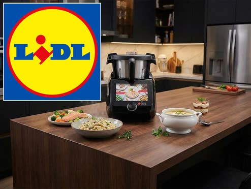 Ein Küchengerät in einer modernen Küche und ein Lidl-Logo.