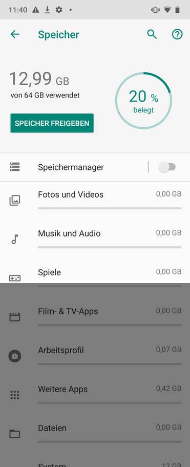 Die Speicheranzeige des Moto G7 Plus