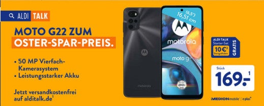 Anzeige für das Motorola Moto G22 bei Aldi Talk als Oster-Spar-Preis.