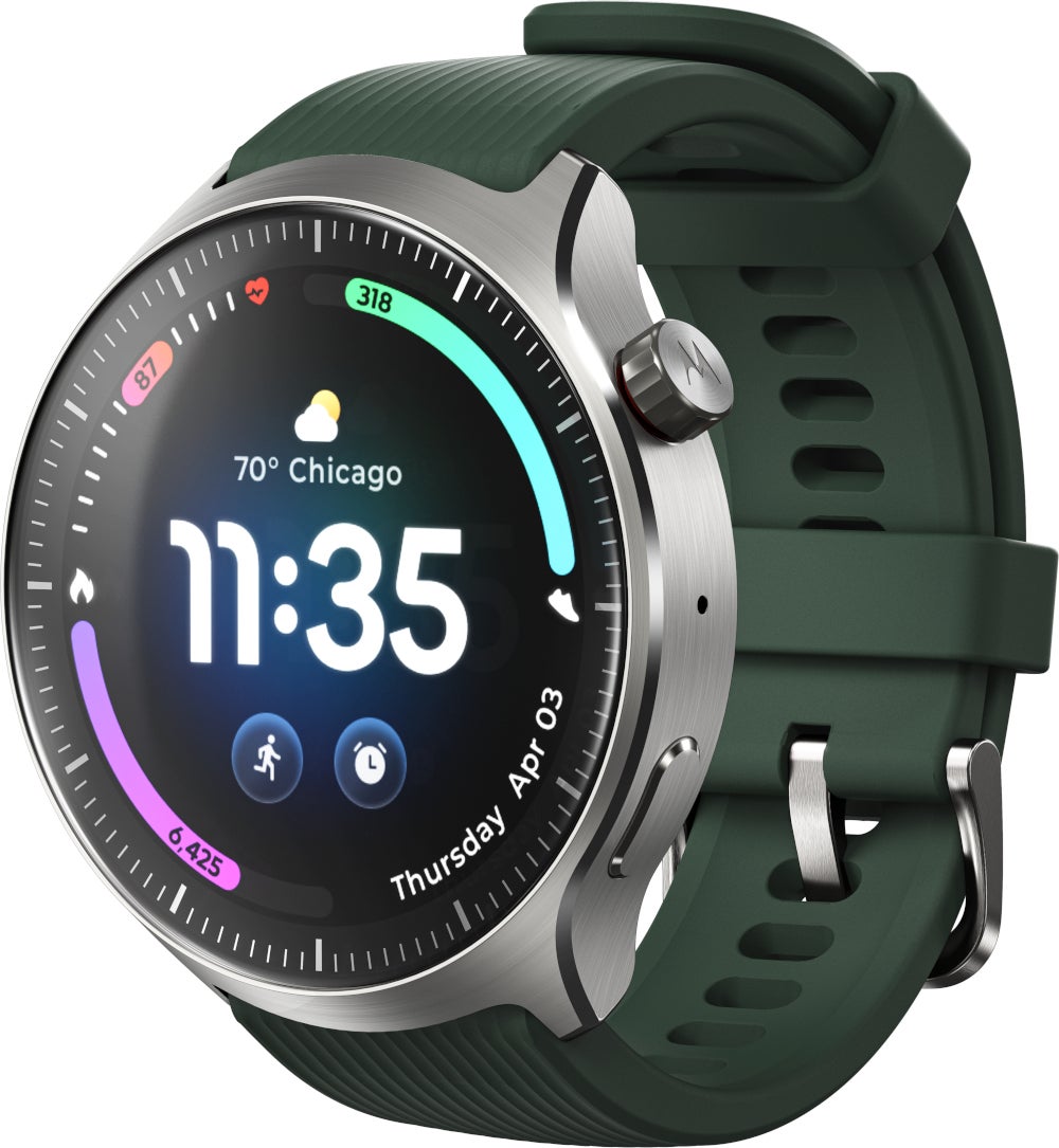 Motorola Moto Watch Ultra in der seitlichen Frontansicht.