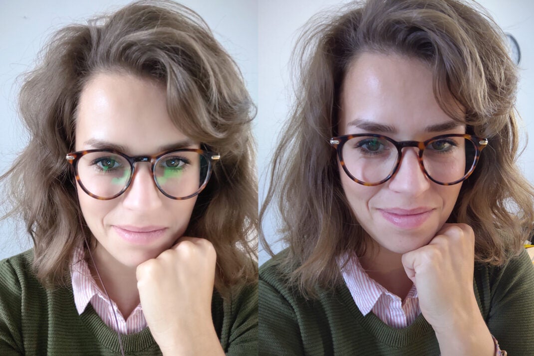 Links: Selfie mit Beauty-Filter. Rechts: ohne Filter. Mehr ist schon übertrieben.