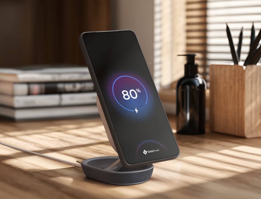 Motorola Snap Wireless Charger lädt ein Smartphone auf.