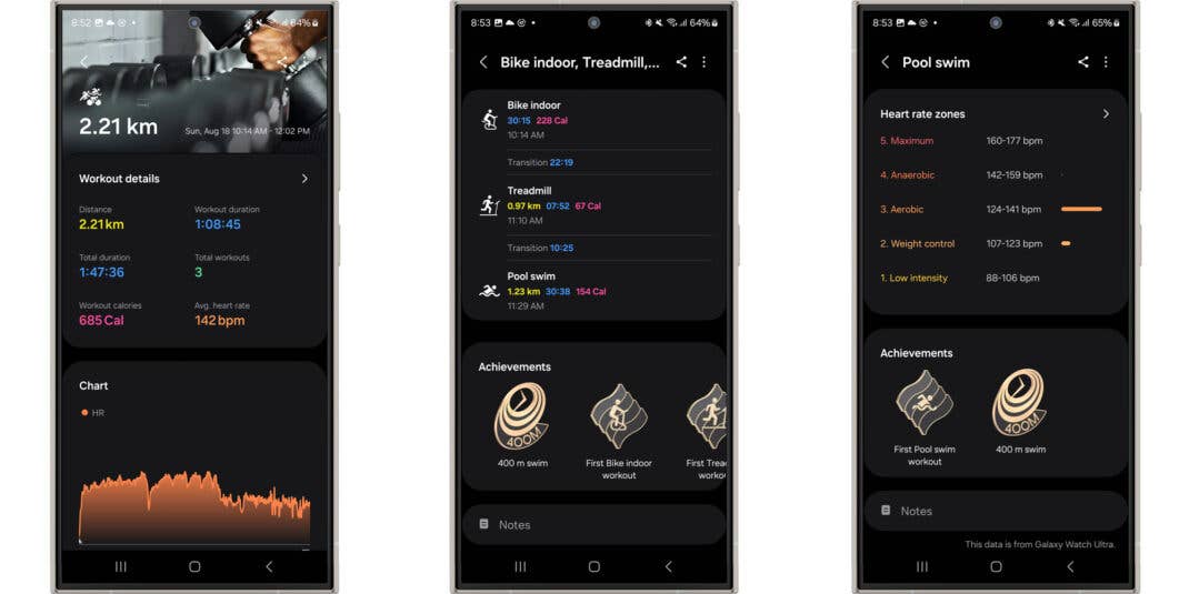 Screenshots der Samsung-Healts-App mit der Multisport-Funktion der Galaxy Watch Ultra
