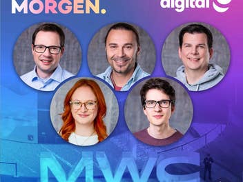 Grafik des Podcasts überMORGEN von inside digital zum MWC 2026. Vor einem blau-violetten Hintergrund mit dem großen Schriftzug „MWC“ sind fünf Porträts der Redaktionsmitglieder in runden Ausschnitten zu sehen.