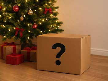 Mystery-Paket neben einem Weihnachtsbaum