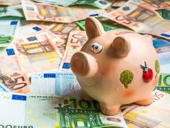 Sparschwein steht auf Euro-Geldnoten.