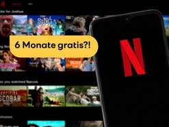 Netflix-Logo auf einem Smartphone, dahinter die Netflix-App auf einem TV Daneben der Hinweis mit der Frage, ob es Netflix jetzt 6 Monate gratis gibt