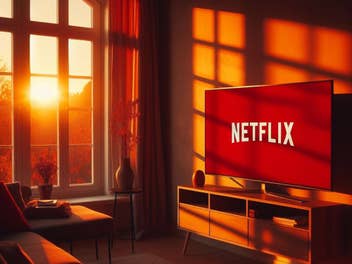 Netflix-Logo auf einem Fernseher im Licht eines Sonnenuntergangs.