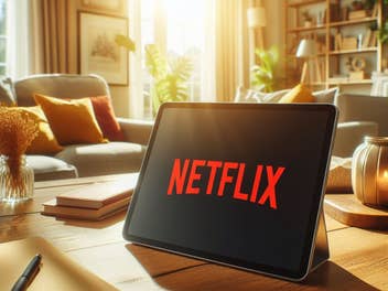 Netflix-Logo auf einem Tablet-PC in einem Wohnzimmer im Sonnenlicht.
