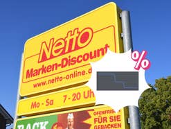Ein Netto-Schild und im Vordergrund ist ein Preisverlauf nach unten zu sehen.