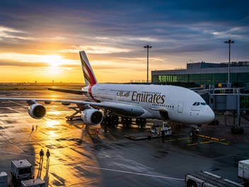 A380 von Emirates parkt an einem Flughafen.