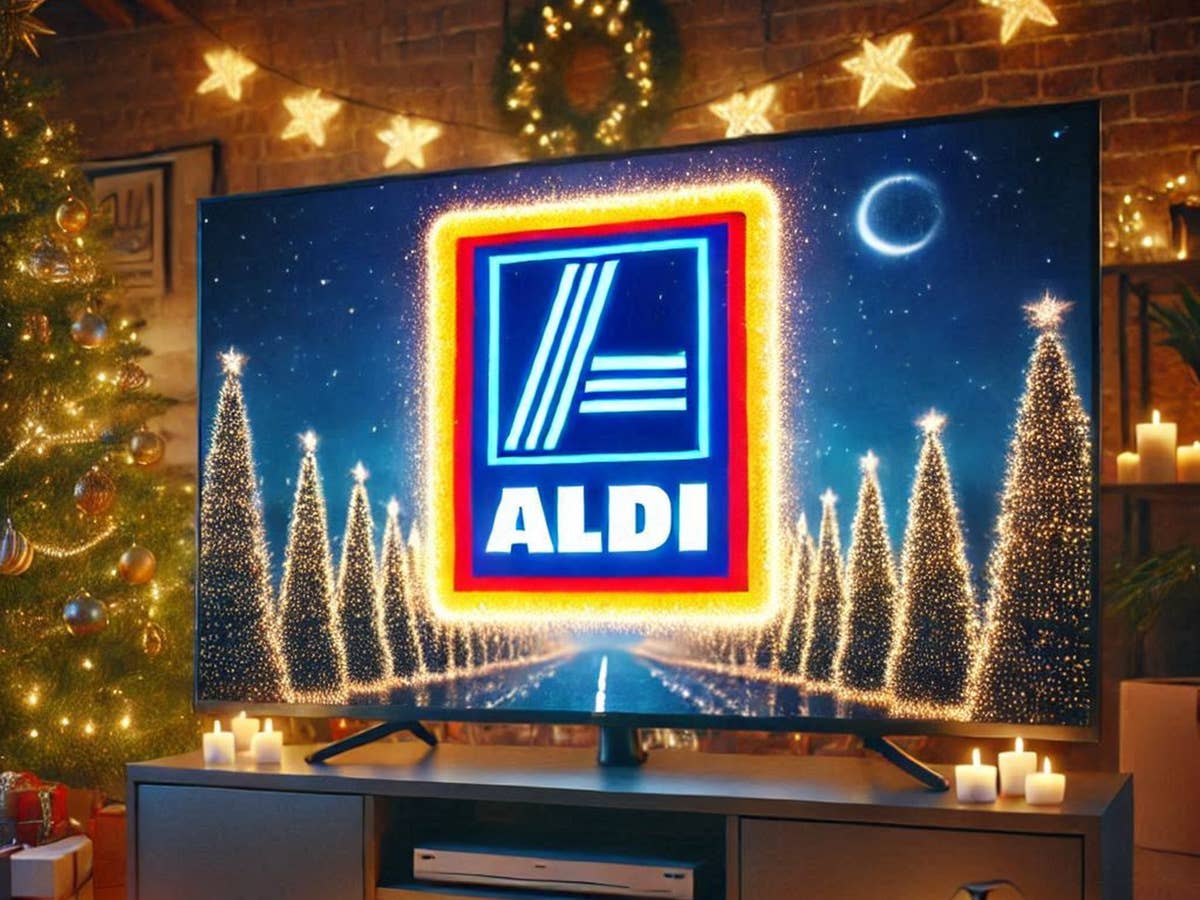 Aldi-Logo auf einem Flachbildfernseher in weihnachtlich dekoriertem Zimmer.