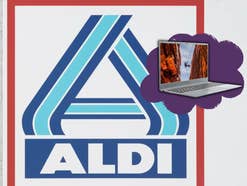 Aldi-Logo mit einem Laptop in einer stilisierten Wolke