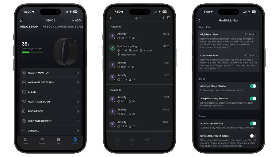 Amazfit Helio Strap-App-Oberfläche, die Gesundheitsüberwachungsfunktionen und Aktivitätsprotokolle anzeigt.