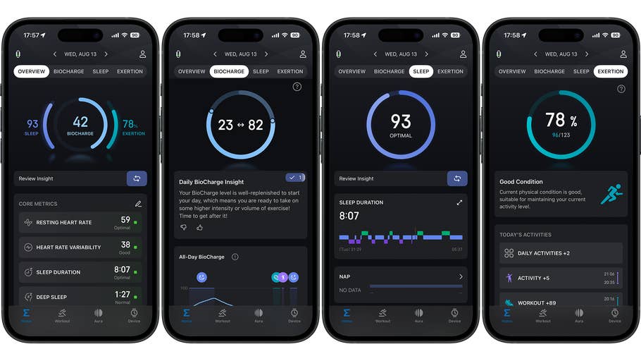 Vier Smartphone-Bildschirme, die Gesundheitskennzahlen anzeigen: Schlaf, Bioladung und Belastungsdaten.