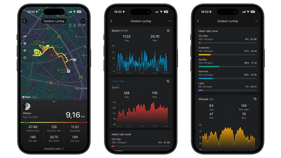 Drei Smartphone-Bildschirme zeigen Daten zum Radfahren im Freien, einschließlich Route, Geschwindigkeit, Herzfrequenz und Höhe.