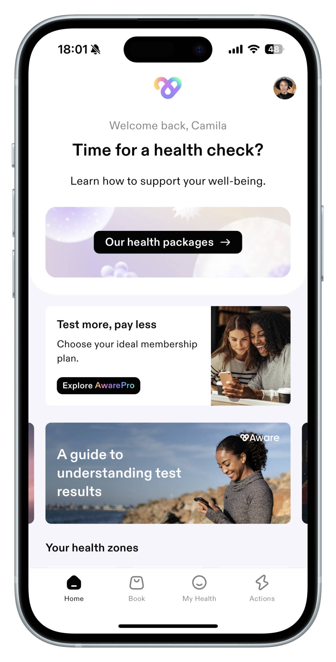 Mobile-App-Oberfläche, die Gesundheitsprüfungsoptionen und Mitgliedschaftspläne anzeigt.