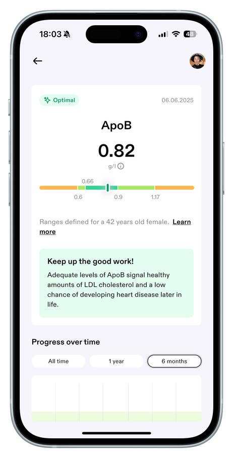 Ein Smartphone zeigt einen ApoB-Wert von 0,82 g/l und weist auf einen optimalen Gesundheitsstatus für eine 42-jährige Frau hin.