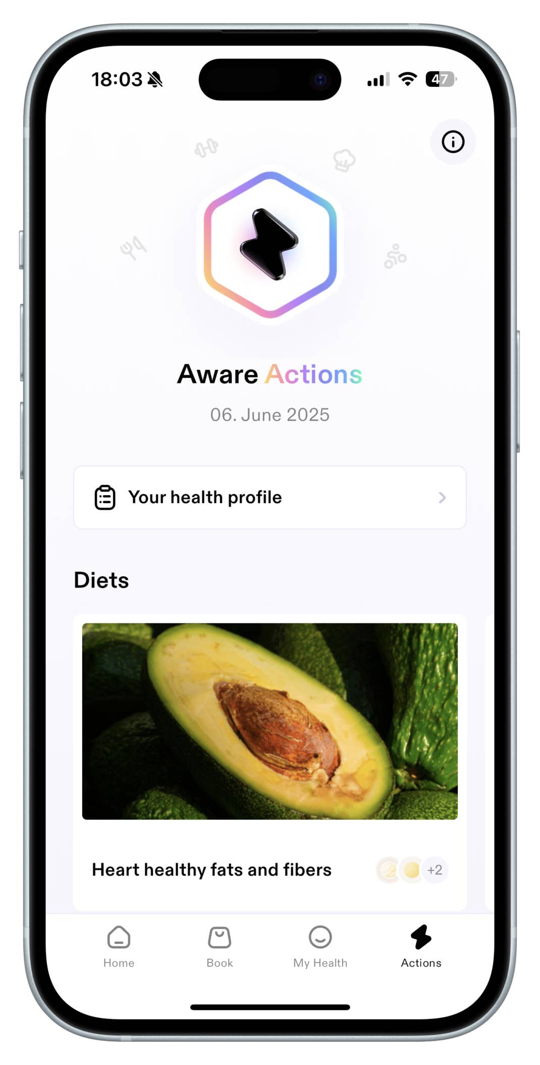 Screenshot der Aware-App mit einem Gesundheitsprofil und einem Ernährungsbereich, einschließlich eines Avocado-Bildes.