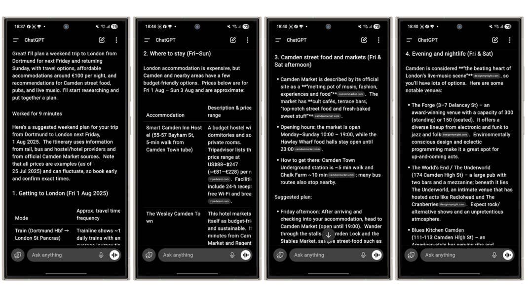 Vier Smartphone-Bildschirme, die Reisepläne für einen Wochenendtrip von Dortmund nach London anzeigen.