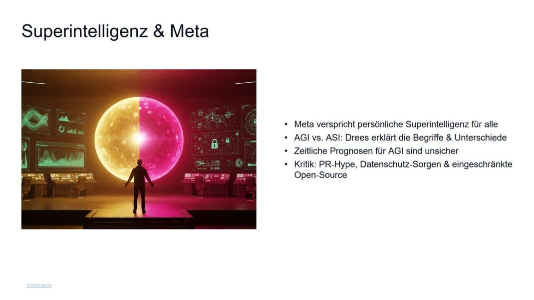 Eine Person steht vor einer leuchtenden Kugel in einem High-Tech-Raum mit Datenanzeigen. Text diskutiert Superintelligenz.