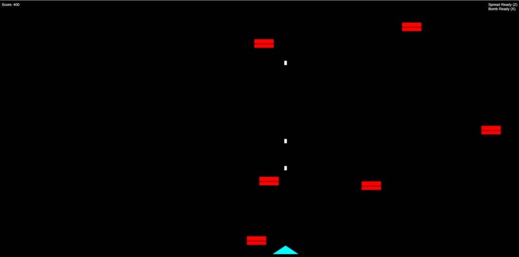 Ein Spielbildschirm zeigt einen Punktestand von 4400 mit roten Hindernissen und einem blauen dreieckigen Spieler am Boden.