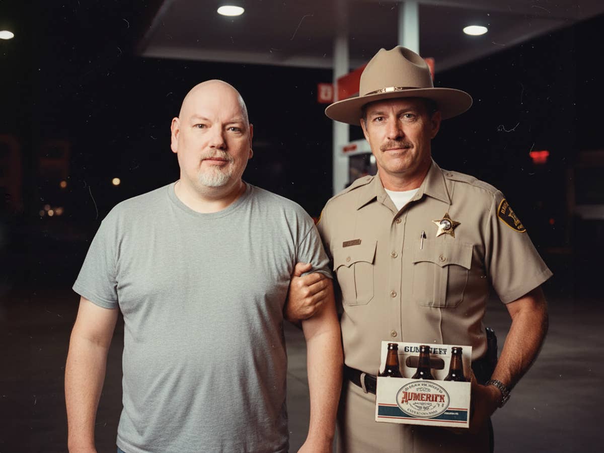 Prompt-Ideen für KI-Bilder Casi wird nach dem Bier-Diebstahl an einer Tanke von einem US-Sheriff in Gewahrsam genommen